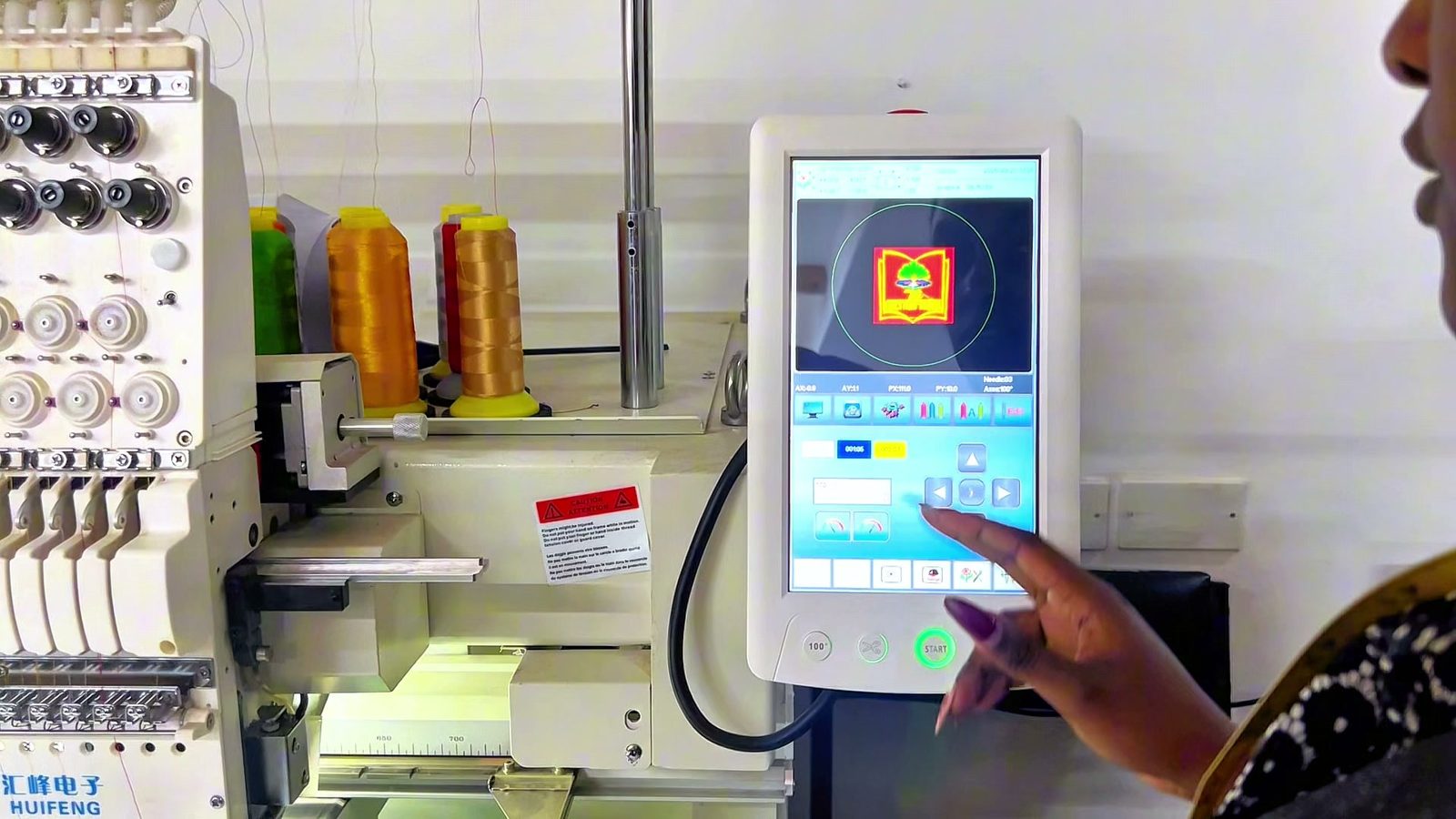 A design loaded on the embroidery machine touch screen